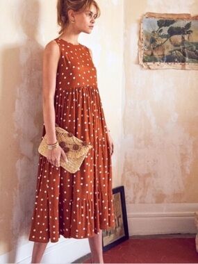 Sezane Josie Polka Dot Sleeveless Tie-Back Midi Dress, Size FR 36=US 4